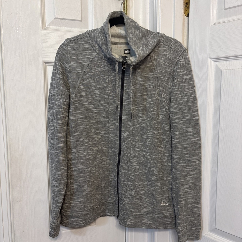 REI Women Full Zip Jacket Gray Marled High Neck Fleece Pockets RN37249 Sz L
